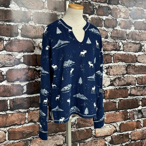 PJ Salvage Pajama Top Women's Large Navy Blue NWT Moose Long Sleeve Waffle Knit - Picture 8 of 13